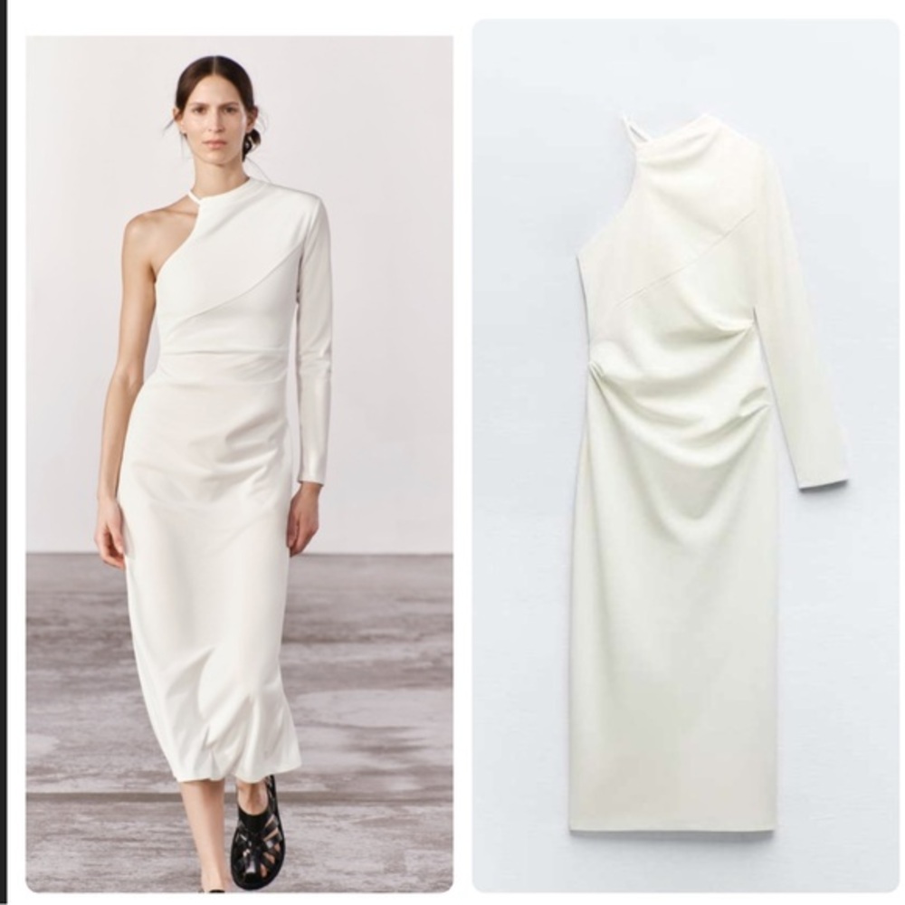 Zara Off-White One-Shoulder Long Sleeve Midi Dress